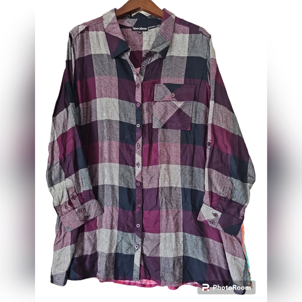 Tolani Mixed Print Plaid Floral Bohemian Tunic Button Shirt Long Sleeve Size 2XP